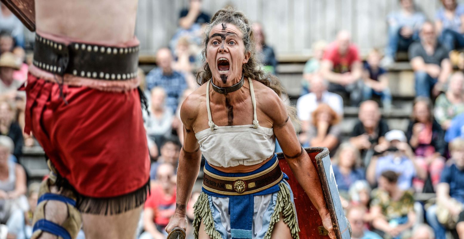 Het gaat er heftig aan toe tijdens de gladiatorengevechten! Foto: Museumpark Archeon