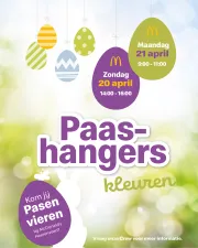 Familieactiviteit Pasen bij McDonald´s Heerenveen Aankondiging familieactiviteit Paashangers kleuren! Foto: McDonald's Heerenveen