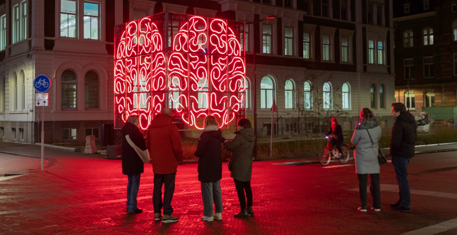 Twee immense hersenhelften veranderen voortdurend van kleur en samenwerking, op de klanken van een speciale soundscape. Foto: I Light U 2024 © Aleksandra Stratimirovic