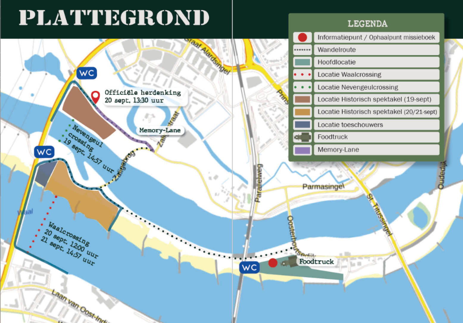 Bekijk de plattegrond van het evenemententerrein van de Waalcrossing. Foto: Waalcrossing Nijmegen