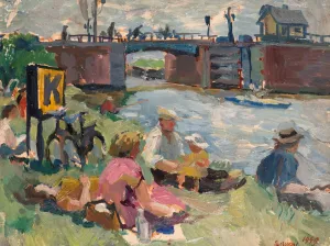 Tentoonstelling Hans Bayens en de Wiegersma_s Hans Bayens, Picknick aan de waterkant, 1949, olieverf op board. Foto: C.A. Boon Fotografie