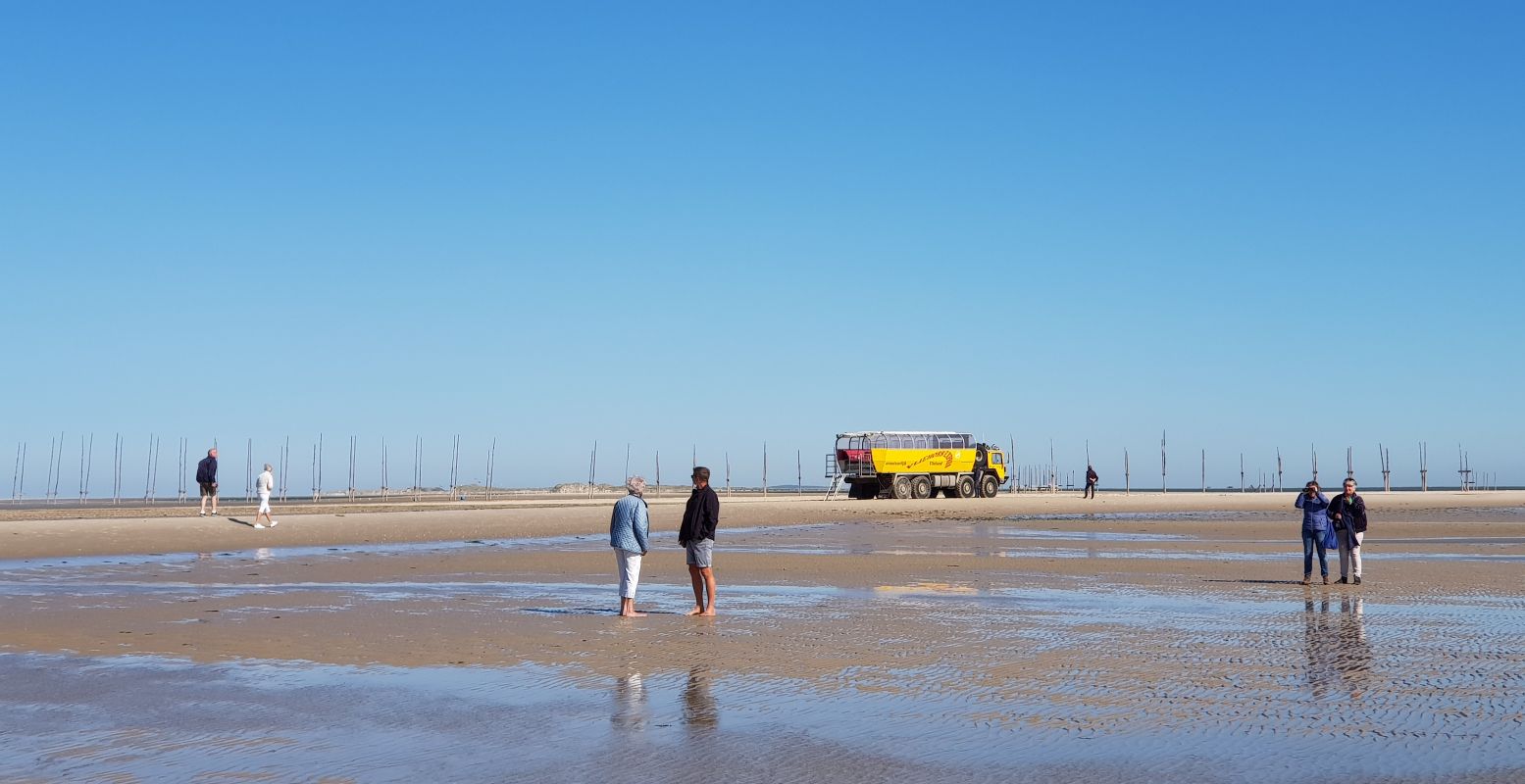 Met de Vliehors Expres over de enorme zandplaat van West-Vlieland. Zeehonden spotten en dan weer instappen voor de volgende stop: het Drenkelingenhuisje. Foto: DagjeWeg.NL © Tonny van Oosten