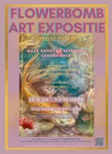 Flowerbomb art expositie  Flyer met een close-up van flowing energy. Foto:Chrissy Peters