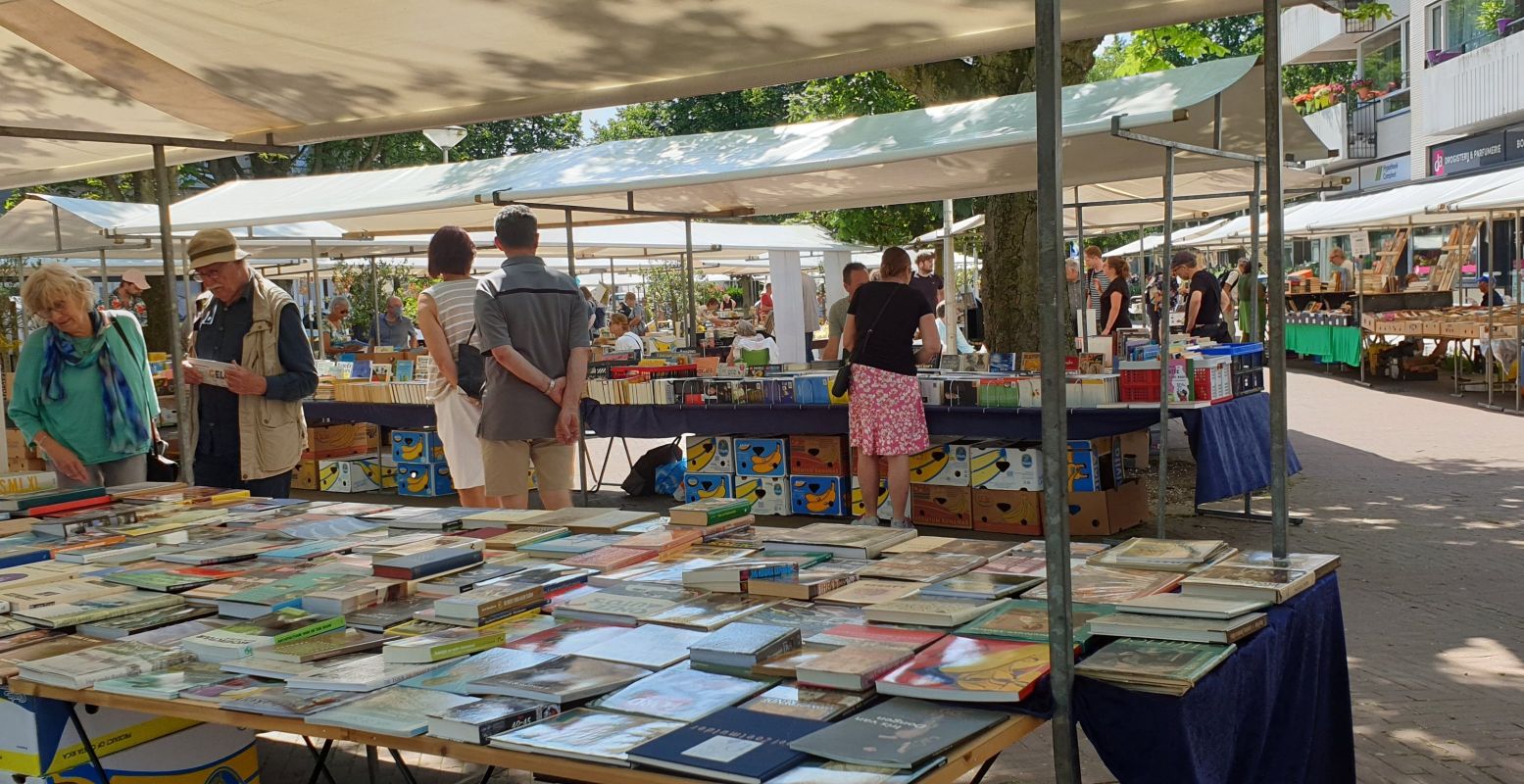 De Delftse boekenmarkt oogt op het eerste gezicht klein, maar biedt wel een uitgebreide selectie aan boeken. Foto: Dorry Mulder